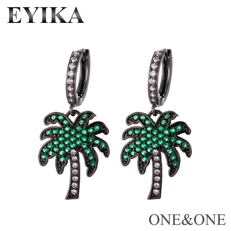 

EYIKA Small Hoop earring with green/white Cubic zirconia plant coconut tree gold black silver color women Beach jewelry for gift