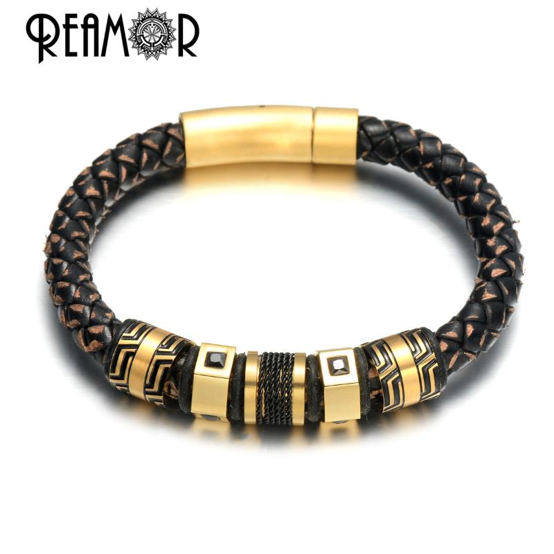 

REAMOR Luxury Stainless Steel Black Zircon Gold Beads Charm Bracelets For Men Handmade Genuine Leather Braided Bangle Jewelry