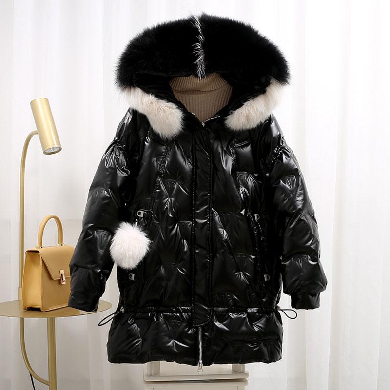 

Down jacket 2020 new fashion winter coat women hooded with natural real fur collar big hat parka Grid shape outerwear, Black