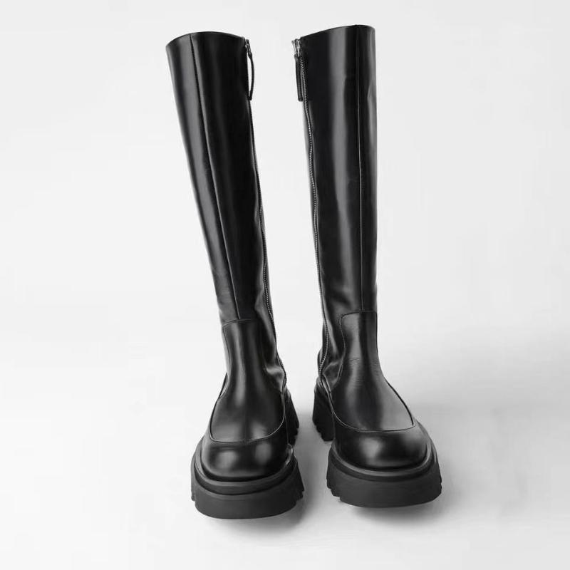 

2020 new line with boot but knee groove thick bottom trend simple fashion British wind large high leather boots women1, Black velvet