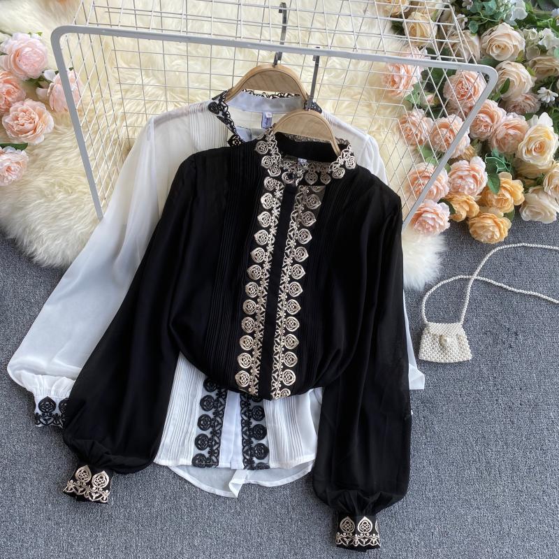 

2021 New Vintage female singiny embroidered Spring blouse puff released tops solid chiffon blouses all-match 5SSO, Black