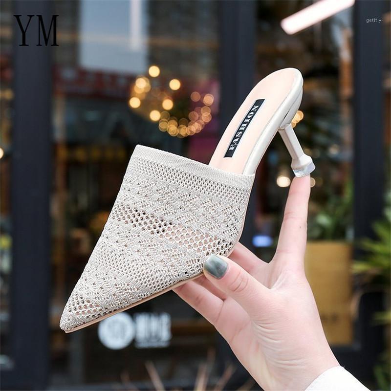 

019 New Summer Breathable Slipper hollow out of Fashion Pointed Toe Sandals Transparent Thin Heels 7CM Lazy Platform Heels Shoes1, Beige