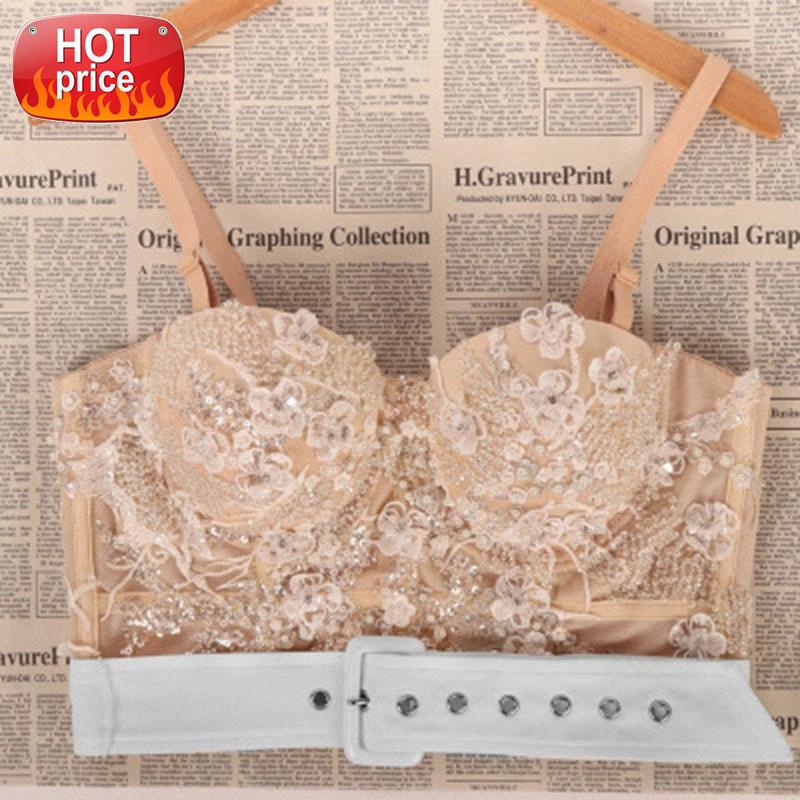 

Sexy Slim Push Up Spaghetti Strap Camis 2020 Fashion Adjustable Lace Pearl Sequins Padded Soft Wire Breathable Dance Crop Top #OB4Y, White