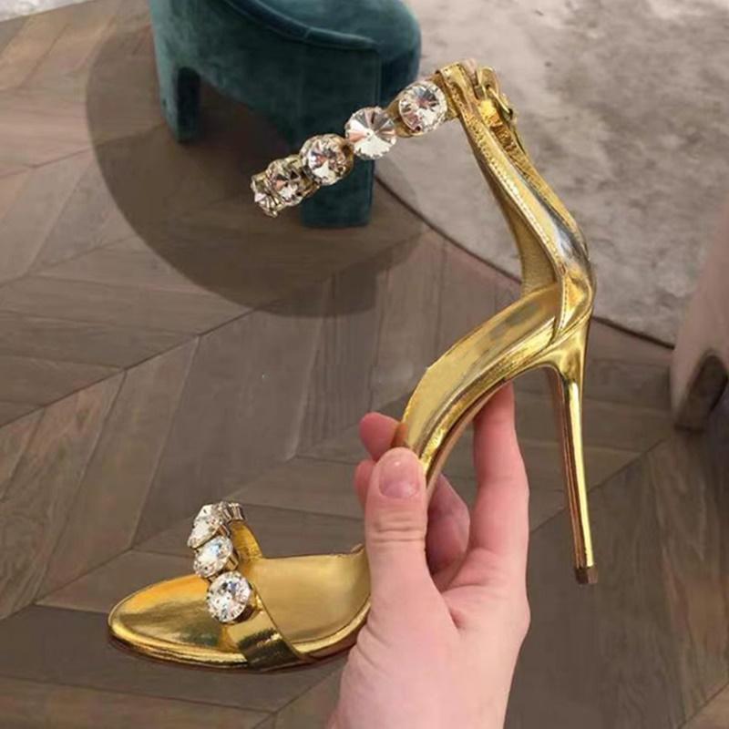 

Crystal Ankle Strap High Heel Sandals Cut-out Ankle Strap Thin Heels Celebrating Dress Shoes Drop Ship, Gold