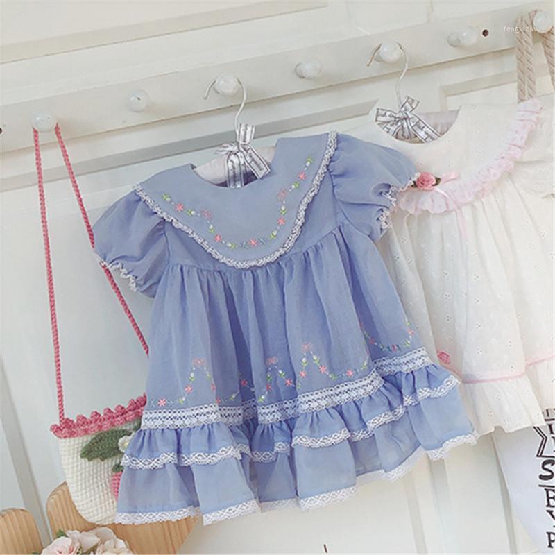

Baby Girl Spring Summer Blue Vintage Smoking Embroidery Princess Dress for Girl Birthday Easter Casual Cotton Dress1, As pic
