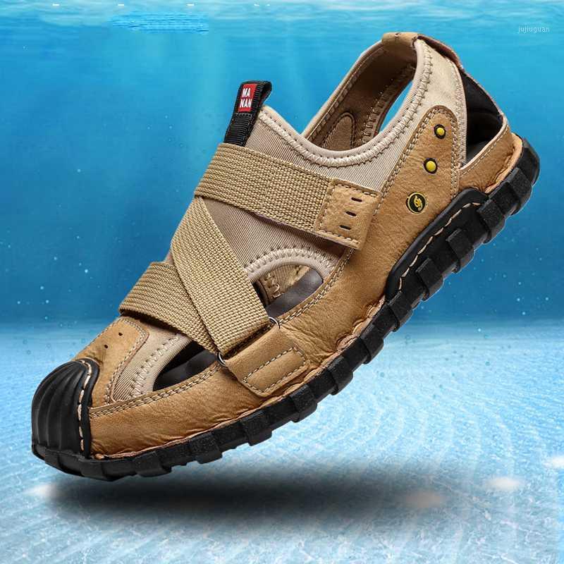 

Men Summer Beach Shoes Leather Hollow Fabric Casual Toe Protect Men's Sandals Outdoor Hiking Footwear Men Flats Big Size1, Black