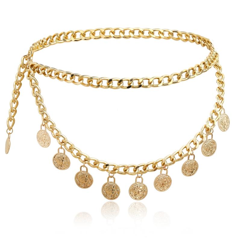 

NEW-Fashion Gold Alloy Coin Pendant Belly Chain Body Chain Waist Carved Beach Belt