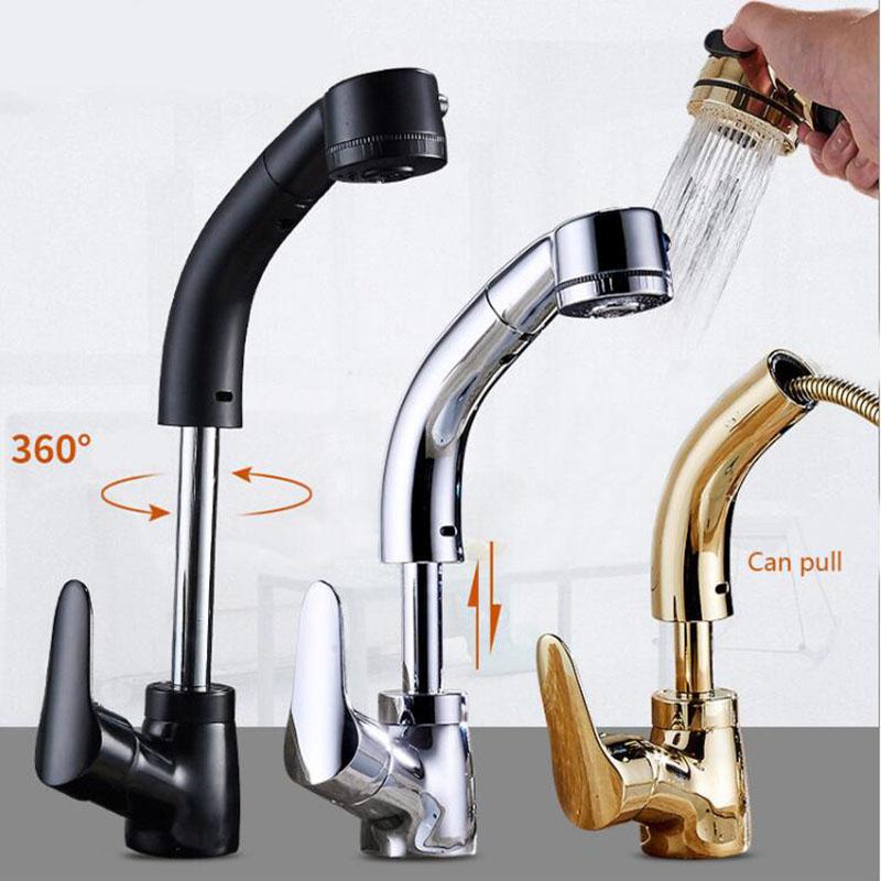 

Pull Out Bathroom Kitchen Basin Sink Faucet Single Handle Hot and Cold 360 Degree Rotating Retractable Water Tap Deck Mounted
