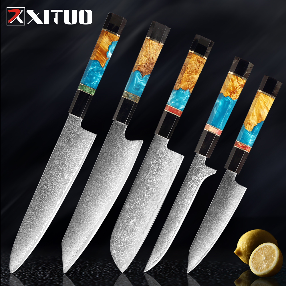 

XITUO Damascus Stainless Steel Kitchen Knives Set High Quality Chef Knife Cleaver Paring Knife Stable wood&resin&horn Handle