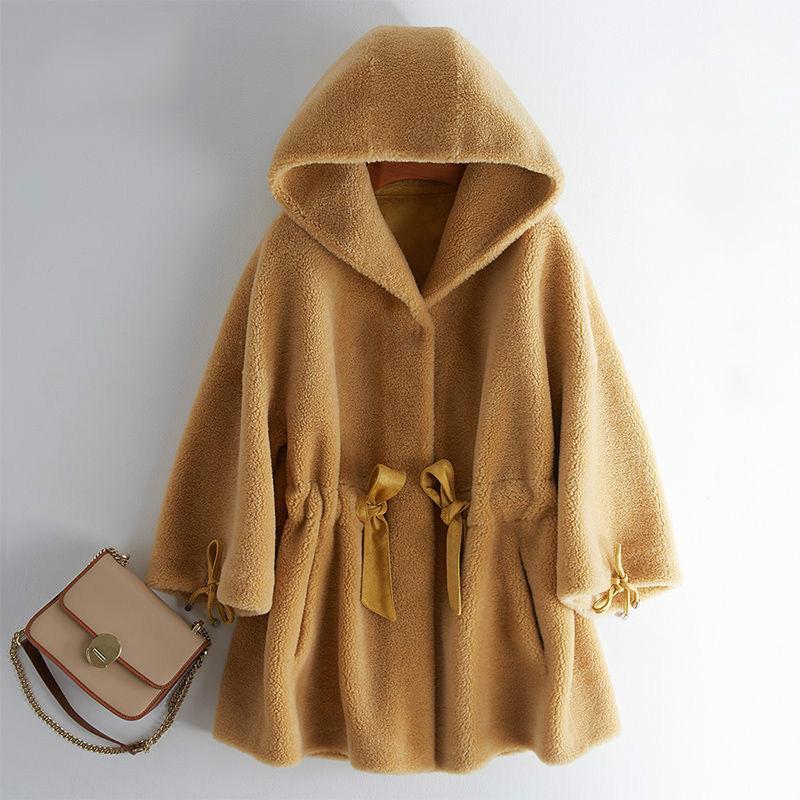 

2020 Winter Coat Women Warm Genuine Wool Fur Hooded Collar Coat Lady Jacket Loose with Belt Parka Coats Woman Jacket L61, Mise