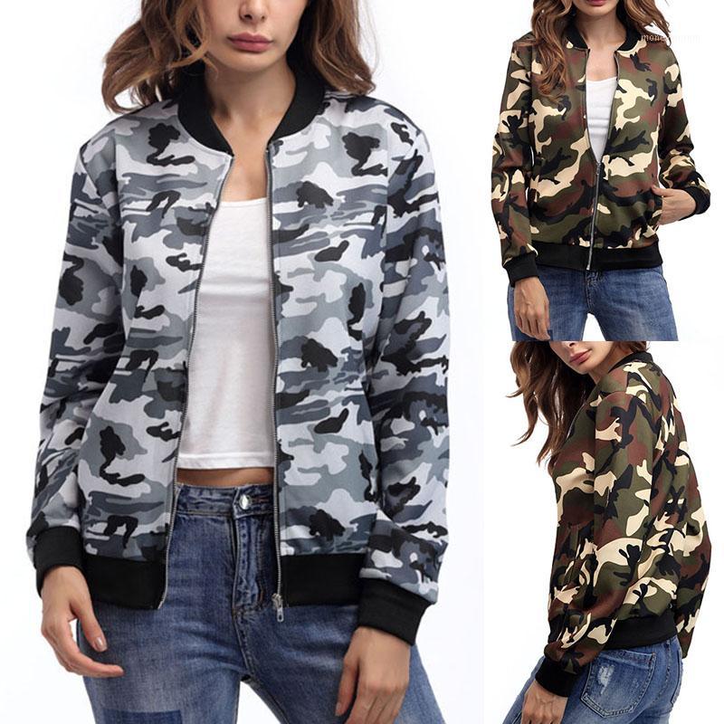 

Womens Lady Long Sleeve Biker Camouflage Army Printed Bomber Jacket Coat Outwear1, Gray camouflage