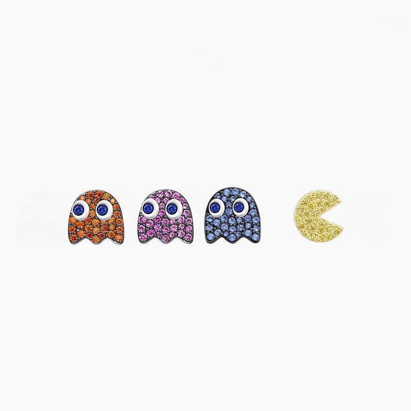 

One Piece My Childhood Mini Pac-Man Eating Beans Stud Earring 925 Sterling Silver Zircon Clyde Pinky Pixel Charm Wedding Jewelry1