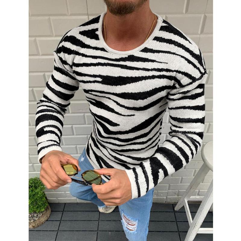 

Sweaters Men Jumpers Pullover Knitted Korean Fashion Clothing Male Streetwear Zabra Print Stripe Casual Slim Fit Tops Warm Black