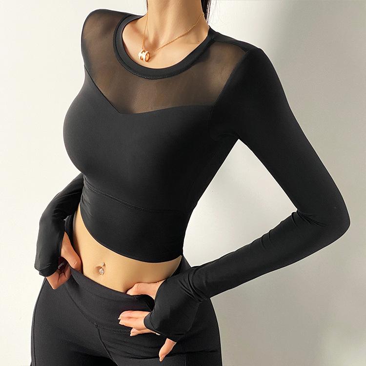 

Sexy Mesh Patchwork Long Sleeve Yoga Shirts Hollow Out Fitness Jogging Tops Quick-Dry Thumb Hole Solid T-Shirts Tight Activewear, Black