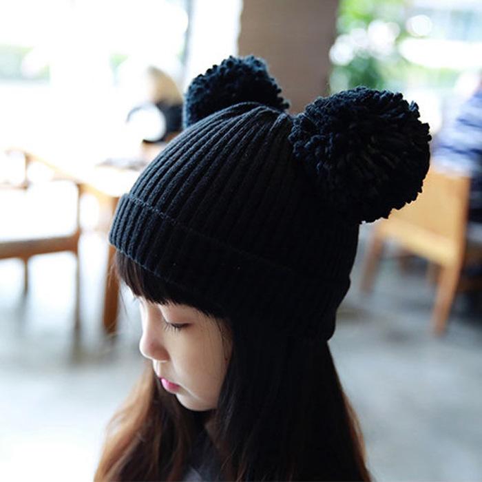 

New design Kids cute ball cap Knitting wool tide hat baby girl Flap winter warm hatH012, Black