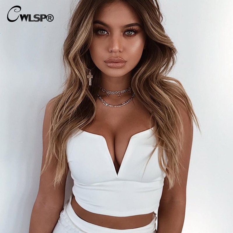 

CWLSP Sexy V neck White Black Solid Crop Tops Women Camis Summer cropped Bra Slim Tank Tops Strap Short Top haut femme QL3699 Y200701, Green