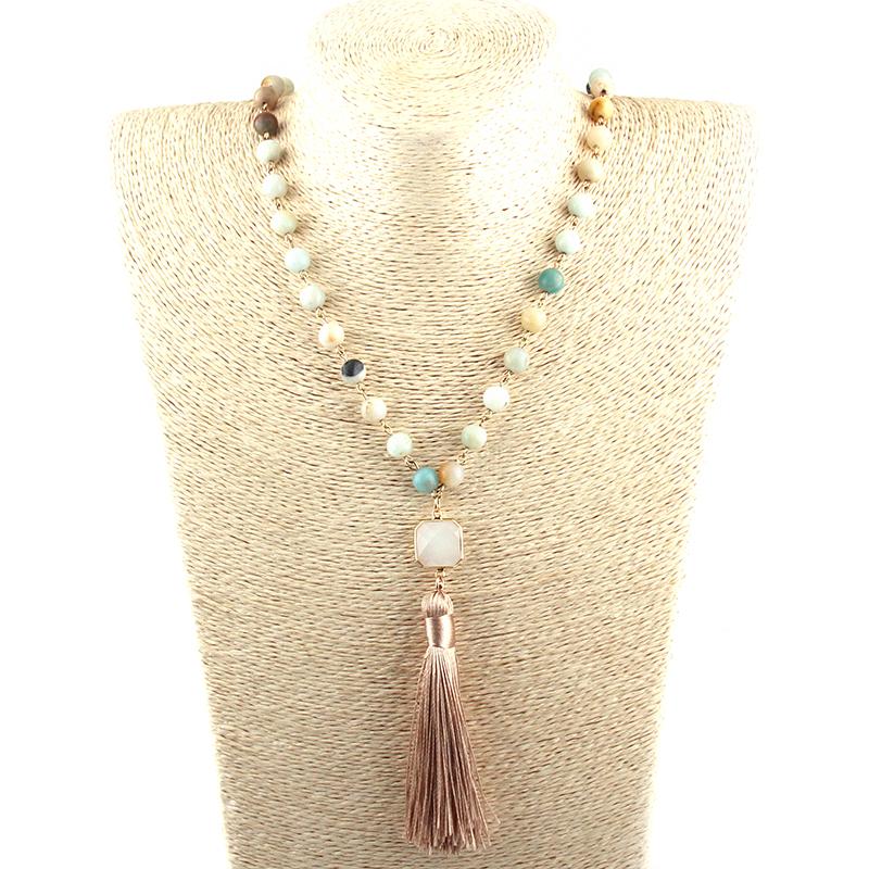 

Free Shipping Fashion Bohemian Tribal Jewelry Natural Semi Precious Stones with crystal Tassel charm Pendant Necklace