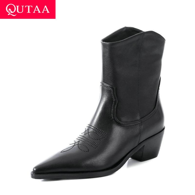 

QUTAA 2021 Autumn Winter Ankle Boots Cow Leather Slip on Women Shoes Pointed Toe Fashion Square High Heel Short Boots Size 34-43, Black