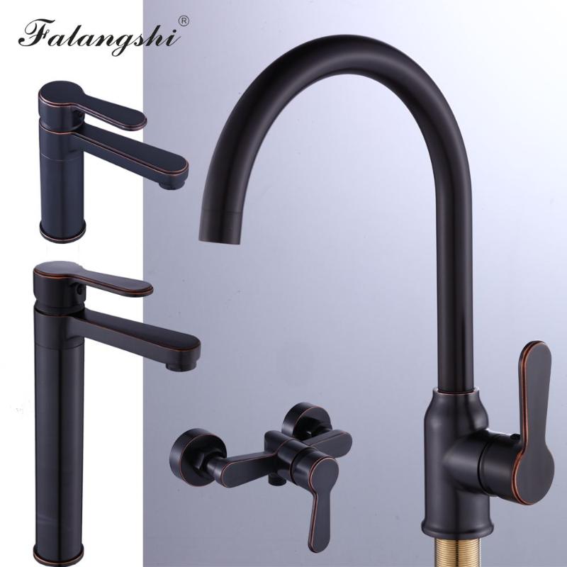 

Falangshi Bathroom Faucet Set Black Bronze Hot And Cold Shower Mixer Vlave Kitchen Sink Taps Basin Sink Water Mixer Tap WB1401