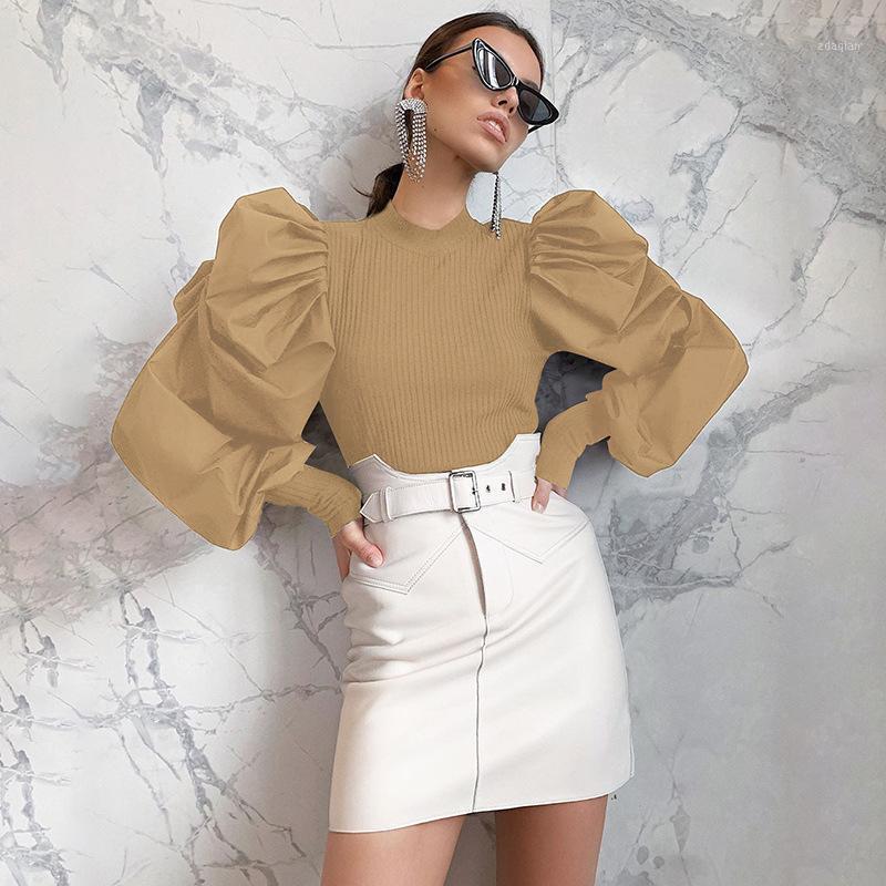 

2020 Long Puff Sleeve Patchwork Sexy Tops Spring Summer Women Fashion Party Elegant Streetwear T-shirts1, Black