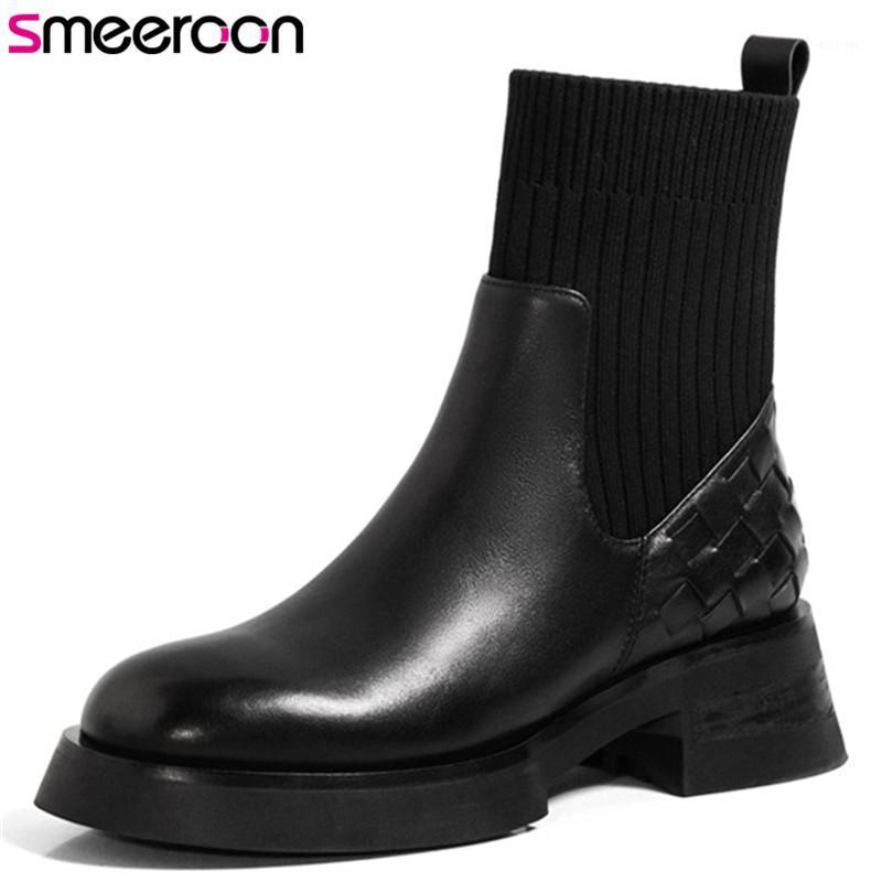 

Smeeroon 2021 Hot Sale Genuine Leather Shoes Women Knitting Stretch Boots Round Toe Autumn Winter Low Heel Ankle Boots Women1, Black not fur