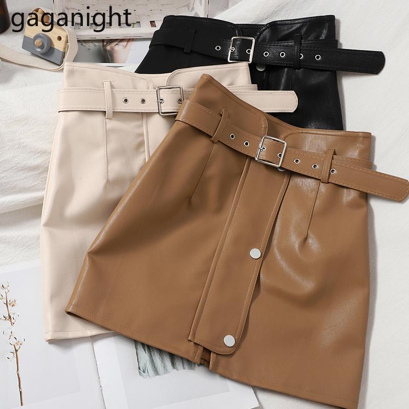 

Gaganight PU Leather Women Mini Skirt Chic Single Breasted Skirts Lady New Autumn Winter Fashion Solid Belt A-line Slim Faldas, Black