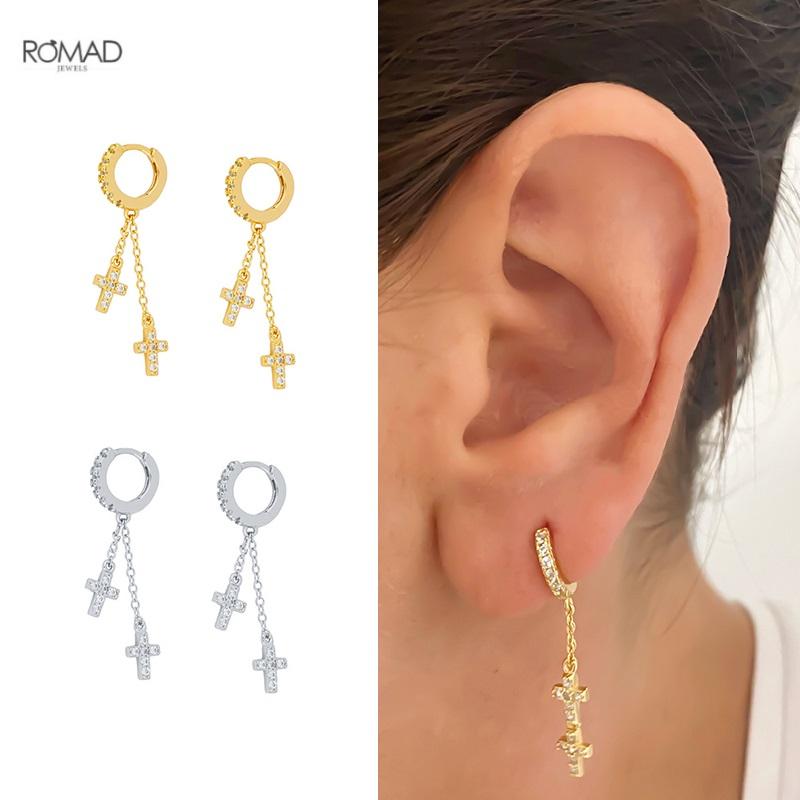 

Hoop & Huggie ROMAD Fashion Double Cross Chain Pendientes Earrings For Women Punk Geometric INS Pierced Earings Silver 925 Jewelry Gift