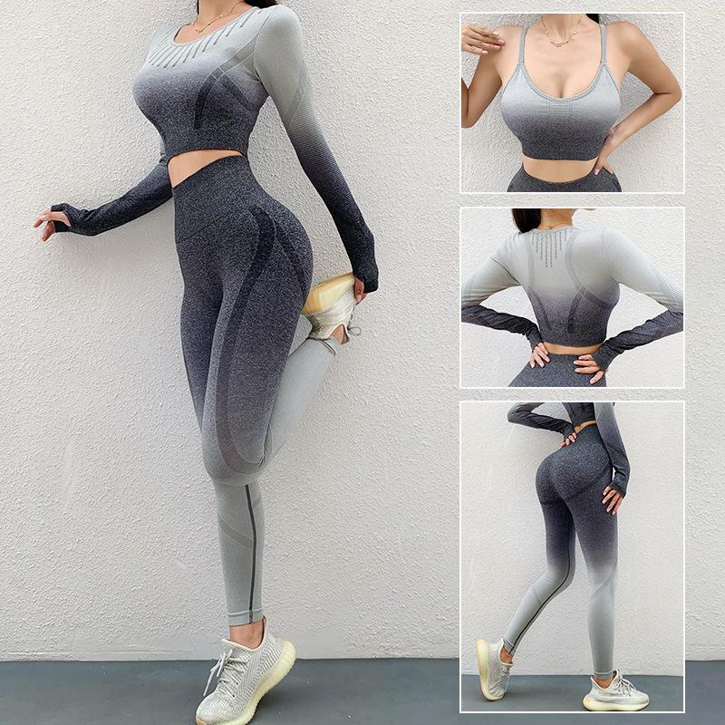 

Women's Tight-Fitting Hips High Waist Seamless Yoga Pants Fitness Wear Winter New Gradient Color Beauty Back Sports Bra Set, Wine pants