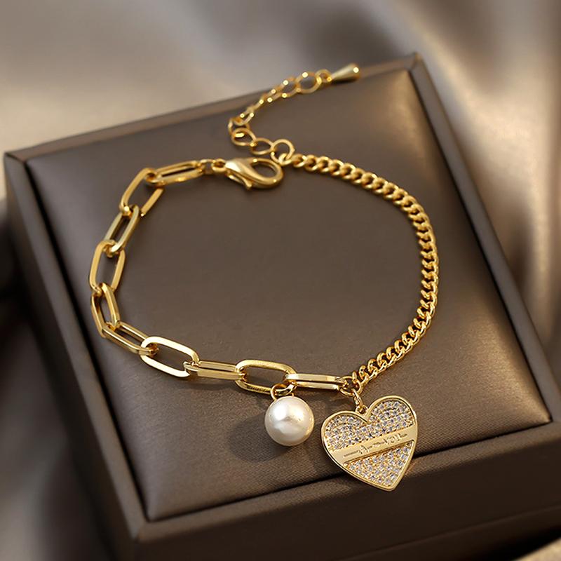 

Other Bracelets Trendy Design 14K Real Gold Heart Pearl Splicing Bracelet For Women Accessories Korean Fashion Jewelry Charm Zircon Ins, Golden;silver