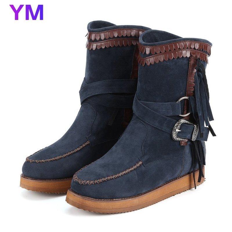 

New Classic Tassel Western Cowboy Boots for Women Cow Suede Cowgirl Boots Low Heels Shoes Mid-calf Heel Woman Winter 35-43, Black