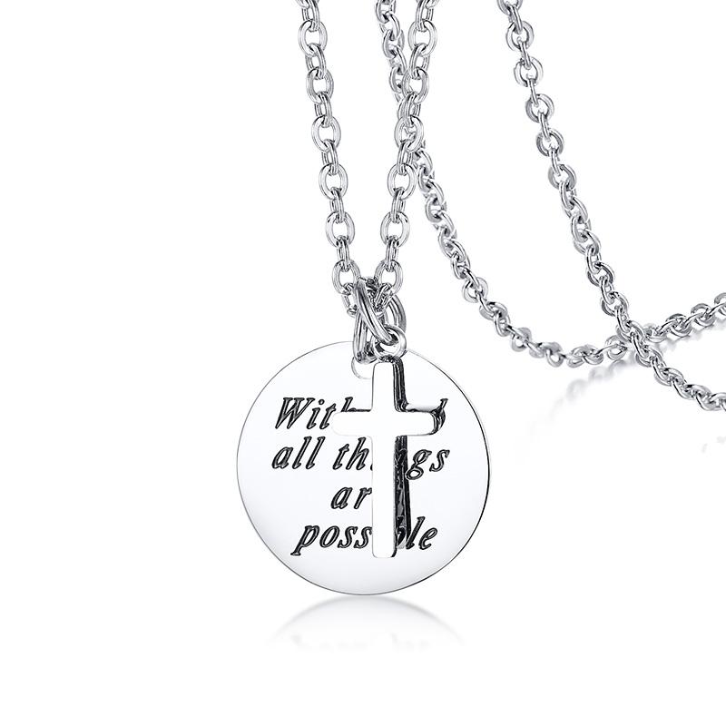 

Christian Necklace With God All Things Are Possible Religious Jewelry Baptism Gifts Circle and Cross Necklace in Stainless Steel