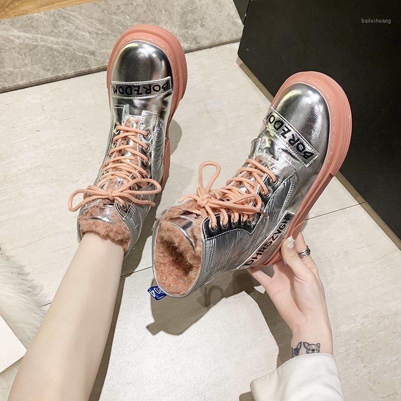 

Winter Women's Ankle Boots 2020 New Women Thick Sole Boots Wild Plus Velvet Warm Female Lace Up Knight Short1, Black