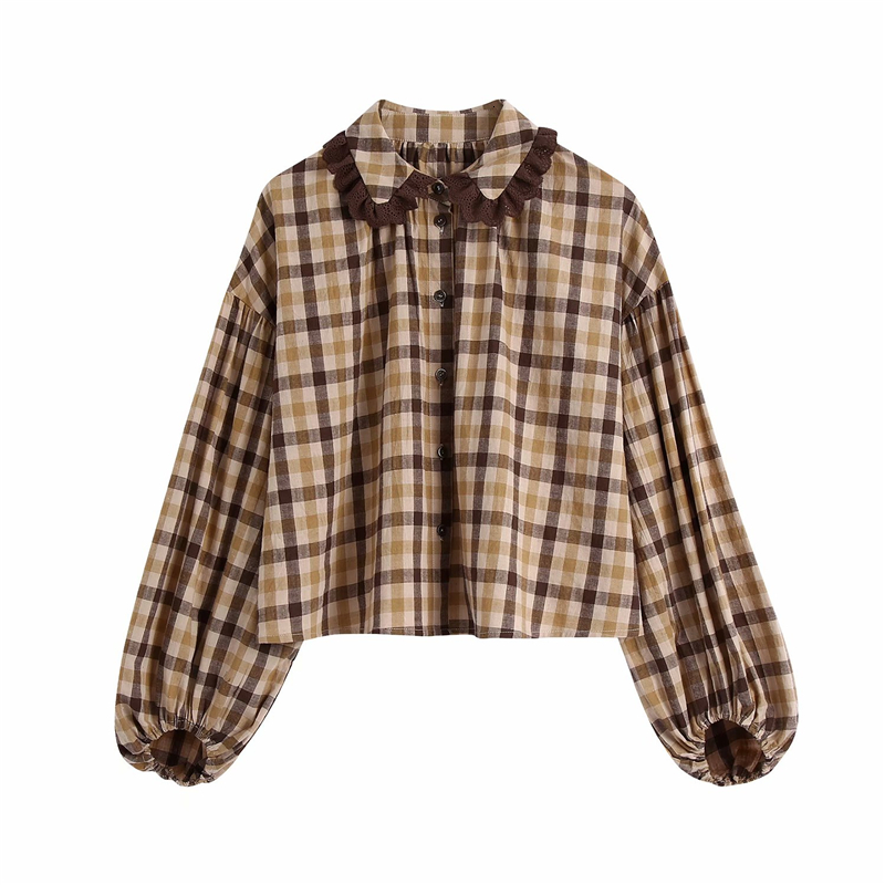 

2021 New Vintage Women Brown Plaid Shirts Fashion Ladies Lace Ruffles Tops Streetwear Female Elegant Loose Blouse Chic Girl Shirt 3qa1