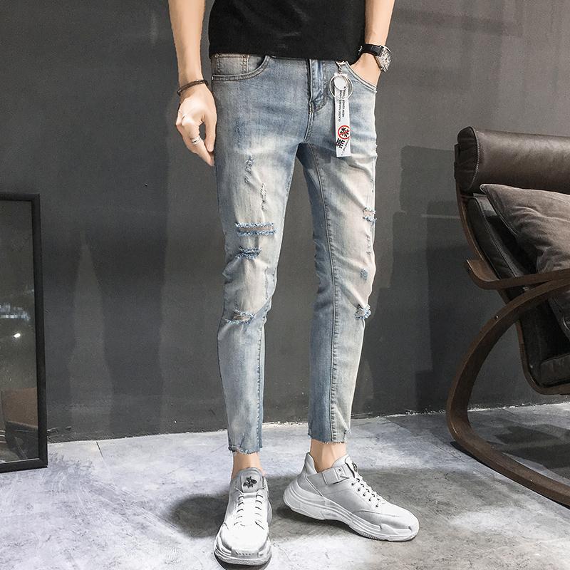 

Men's Broken Hole Pencil Jeans Casual Hip Hop Stretch Denim Ankle-length Pants Vintage Classic Men Slim Jeans for Men Streetwear, Light blue