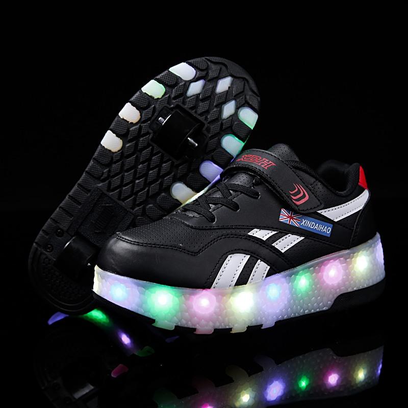 

Two Wheels Luminous Sneakers USB Charging Led Light Roller Skate Shoes for Children Kids Shoes Boys Girls Light Up Unisex, Black