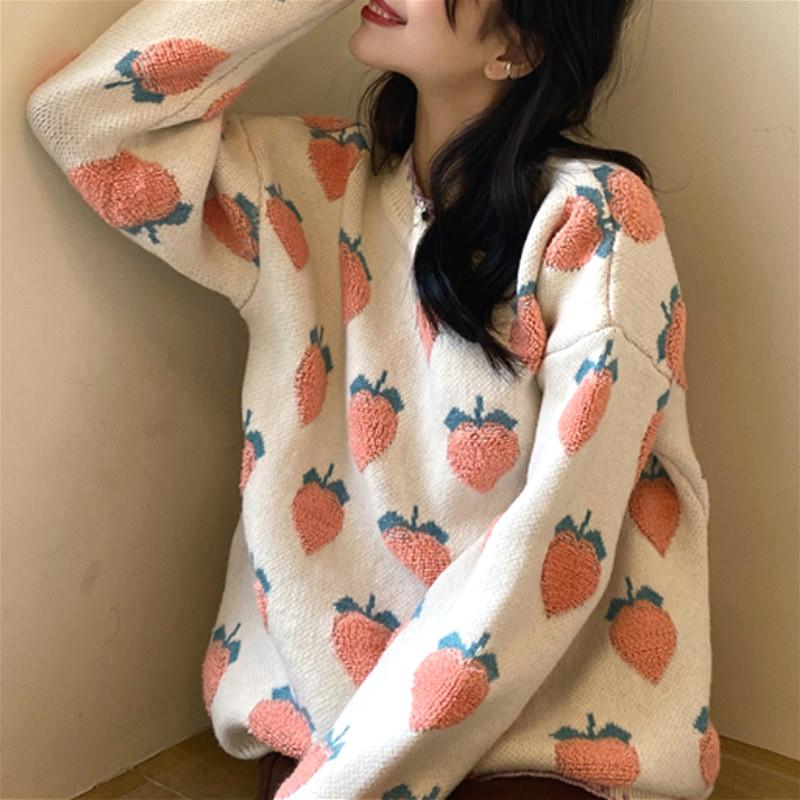

Strawberry Knit Sweater Women O-Neck Sweet Long Sleeve Loose Pullover Kawaii Casual Printed Thin Tops Female Korean 2020 Autumn, As picture