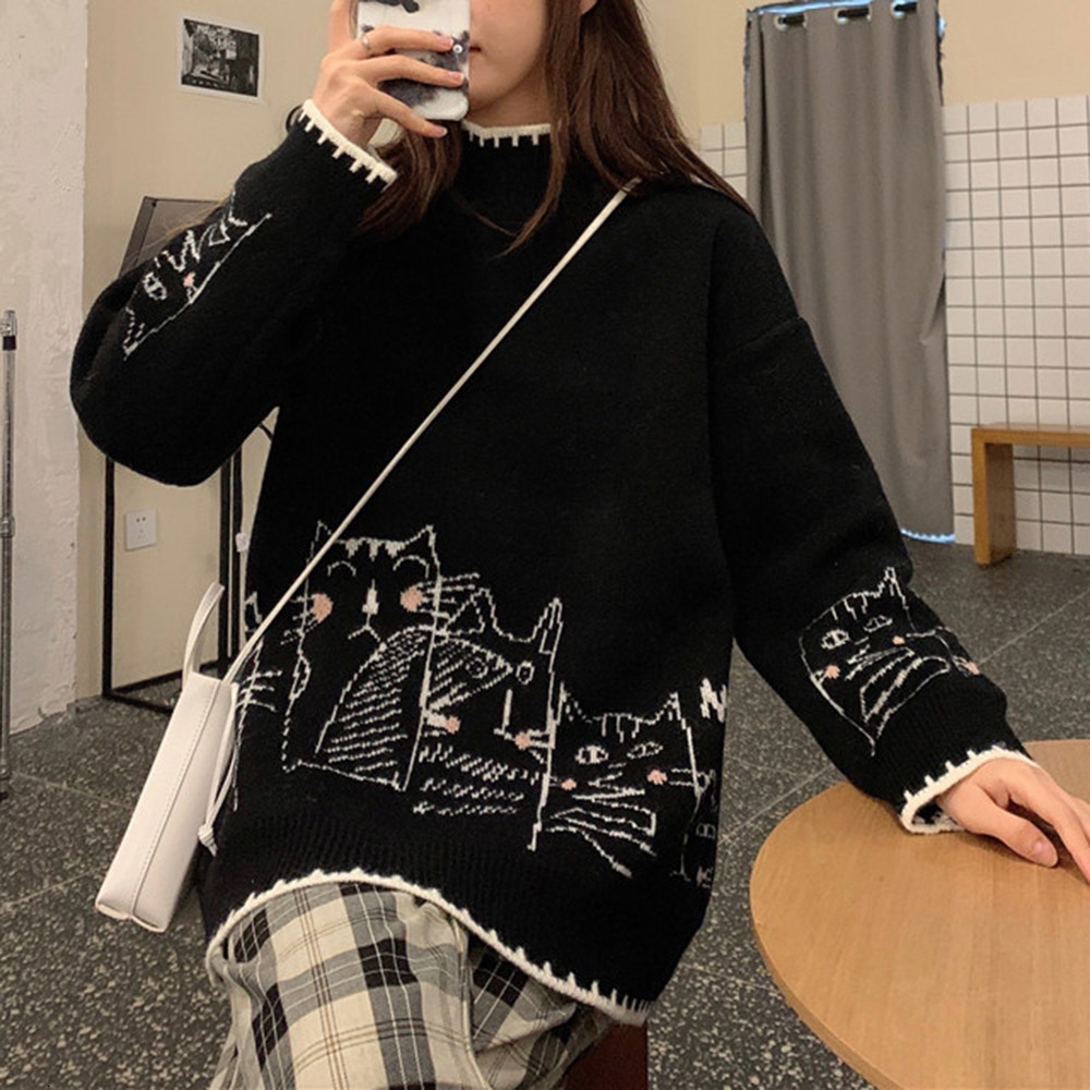 

2021 New Korean Version Sweater Autumn Winter Fashion Loose Simple Hot Sale Cartoons Long Sleeve Turtleneck F6SY, Gray
