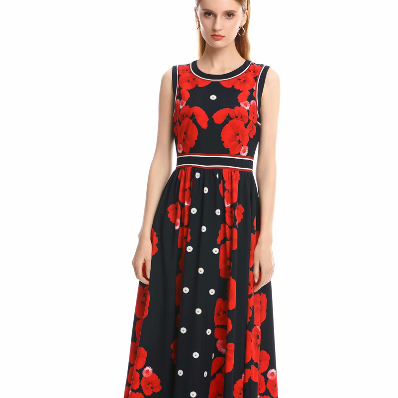 

Brand Runway Designer As Women Summer Beach Boho Party Long Waist High Neck Floral Printing Holiday Maxi Black Dress W7wp, Multiple