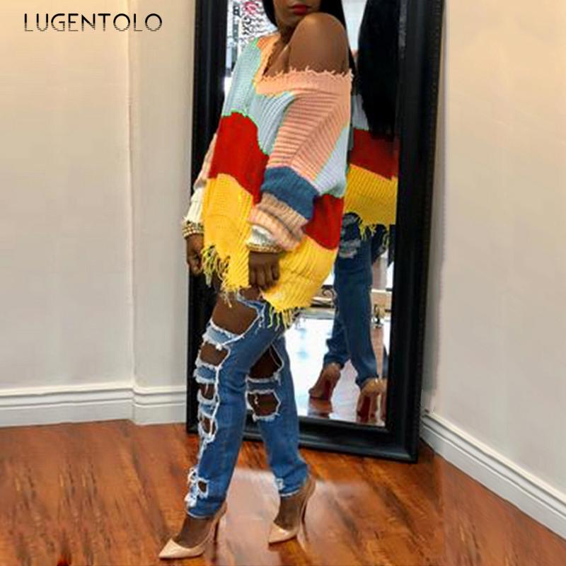 

Lugentolo Women Knitted Sweater Autumn Winter Rainbow Stripes Color Matching Casual Irregular Tassled Female Loose Sweater