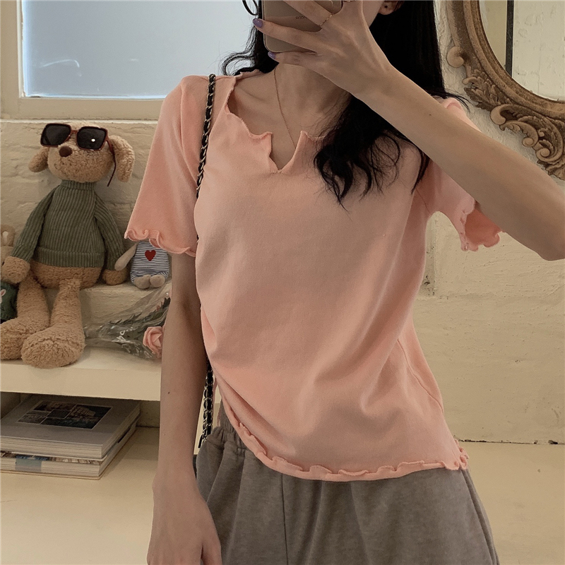 

2021 New 3 colours summer Korean soild color v neck lace above mesh tops t-shirts of women femme shirt (l9019) WO5S, Pink