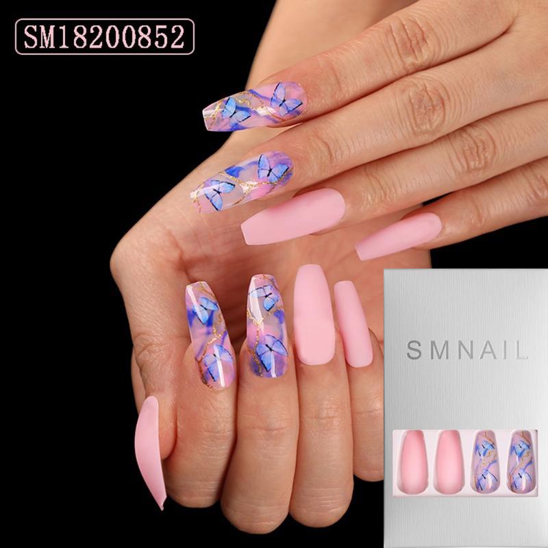 

24Pcs Butterfly Pattern Pink Fake Nail Long Stiletto Coffin False Nails Press On Nails Acrylic Fake Nail Extension Tips Manicure, Sm18200804