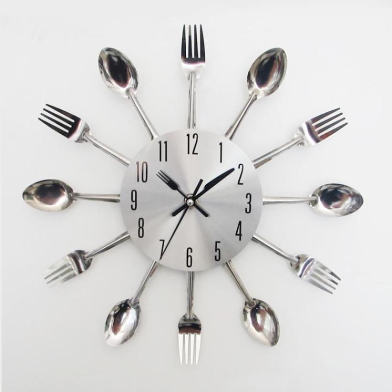 

Wholesale-New Design Happy Gifts Fashion Creative Modern Design Sliver Cutlery Kitchen Utensil Wall Clock Spoon Fork Clock1