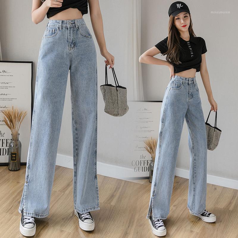 

Fashion Side Slit High Waist Wide Leg Drape Mopping Jeans Women' Spring Summer New Slim Straight Trousers Trend Drop Shipping1, Blue