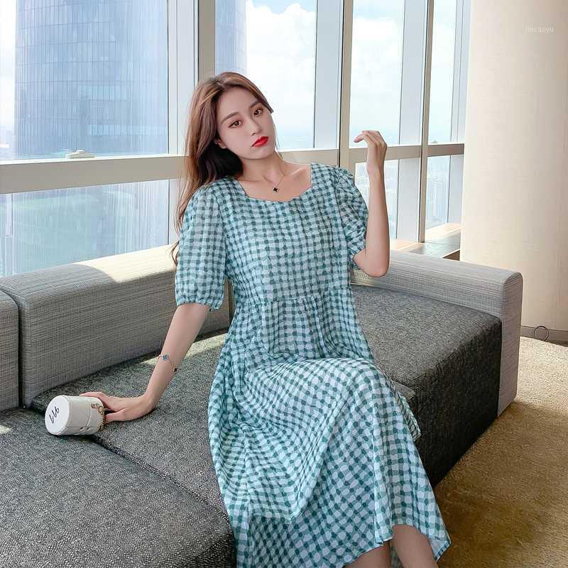 

8038# Maternity Clothes Summer Plaid Color Blcok Short Sleeve Easy Matching Loose Stylish Dress for Pregnant Women Mom Dress1, Green