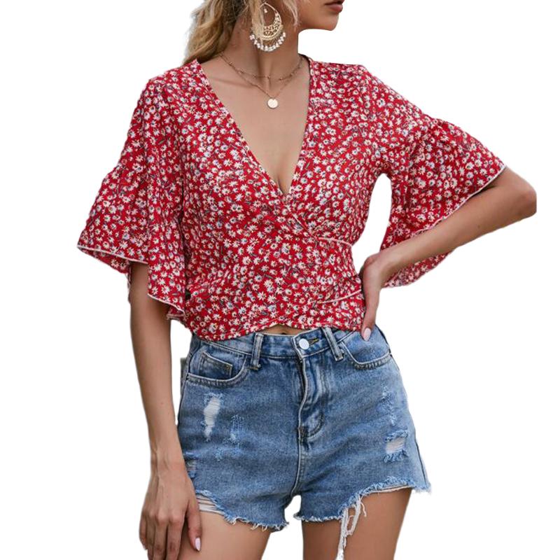 

Womens Crop Top Blouse 2021 Summer Cross Bow Tie Half Puff Sleeve Bandage Deep V Neck Floral Print Shirt Boho Tops And Blouse, As pic