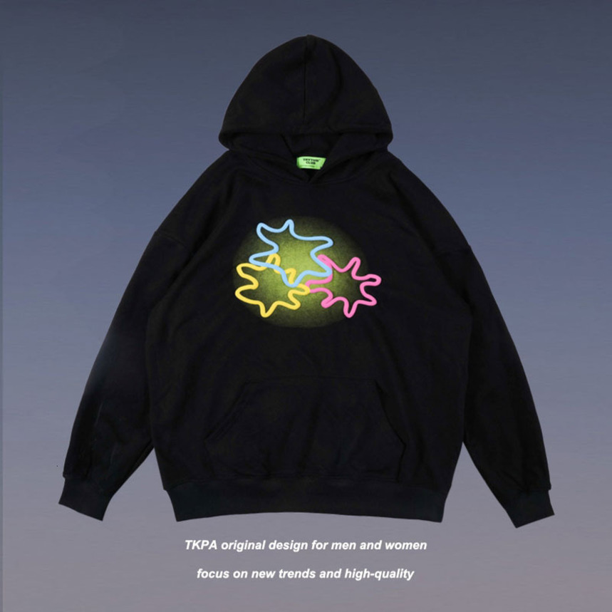 

Tkpa Guochao brand letter graffiti couple hooded top Street hip hop loose shoulder fleece sweater fashion, Black