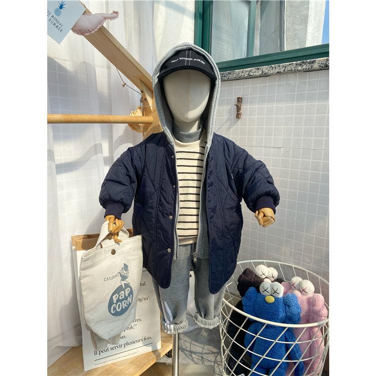 

The Korean version of the children's winter holiday two hooded thin hoodie patchwork long cotton jacket, Dark blue