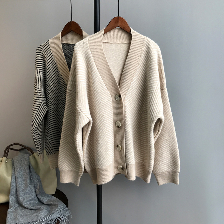 

2021 New Autumn Spring with Low v Mesh Striped Women Sweater Cardigans Jacket Long Sleeve Poncho Blouses Pull Femme L6lb, Beige