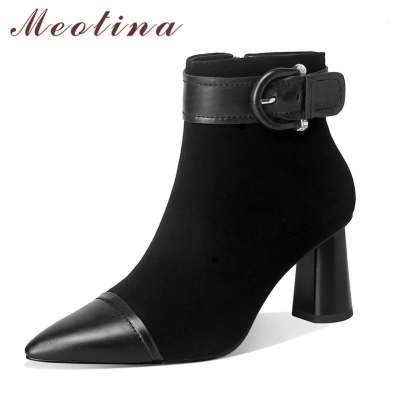 

Meotina Kid Suede High Heels Short Boots Women Shoes Buckle Real Leather Ankle Boots Pointed Toe Block Heels Zip Lady 411, Black synthetic lin