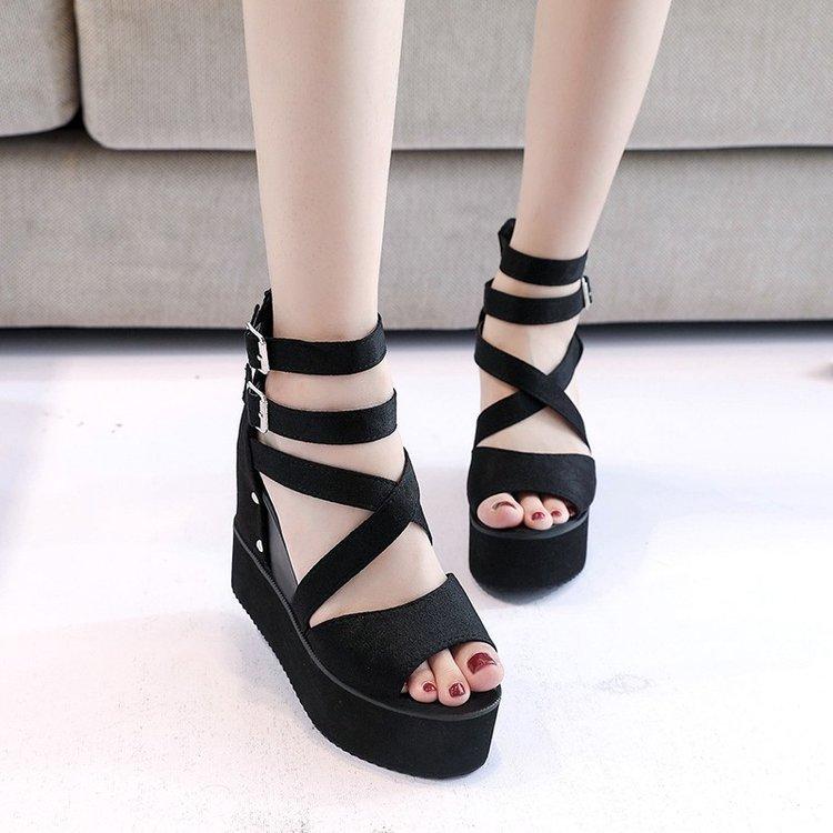 

22021 summer new fashion trend Roman one-word buckle high-heeled wedge open-toed women's sandals, Black flannel